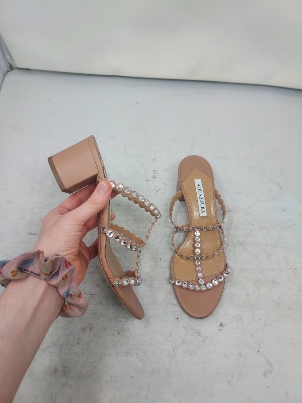 Aquazzura Tequila Crystal Nude Block Heel Sandal